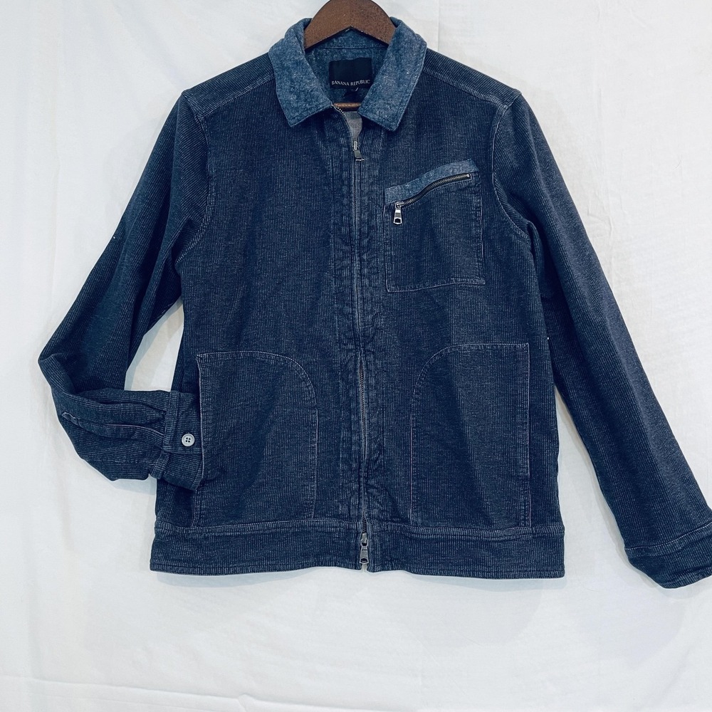 Banana Republic Jacket Mens Large Blue Knit Bomber Full Zip Chest Pocket Casual